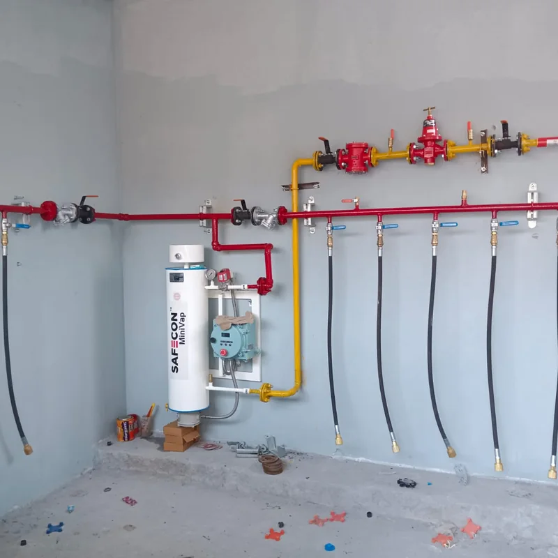 Wall-mounted 50kg LPG vaporizer with a multi-point gas manifold and pressure regulator