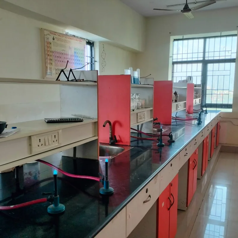 School chemistry laboratory workbenches with lit Bunsen burners connected to the gas pipeline