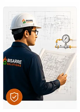 Illustration of a Bisarre Solutions engineer reviewing pipeline blueprints, representing 20+ years of experience
