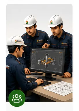 Illustration of Bisarre Solutions engineers reviewing a pipeline schematic on screen