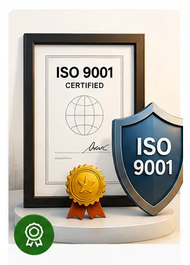 Illustration of a framed ISO 9001 certificate and certification shield