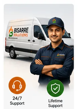 Illustration of a Bisarre Solutions technician beside a service van, representing lifetime support