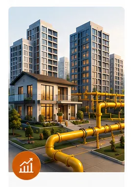 Illustration of a residential complex with copper gas pipeline, representing installations proven at scale